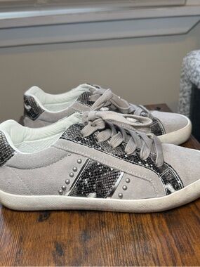 Women's Gray Suede Lace-Up Sneakers with Snake-Print and Studs